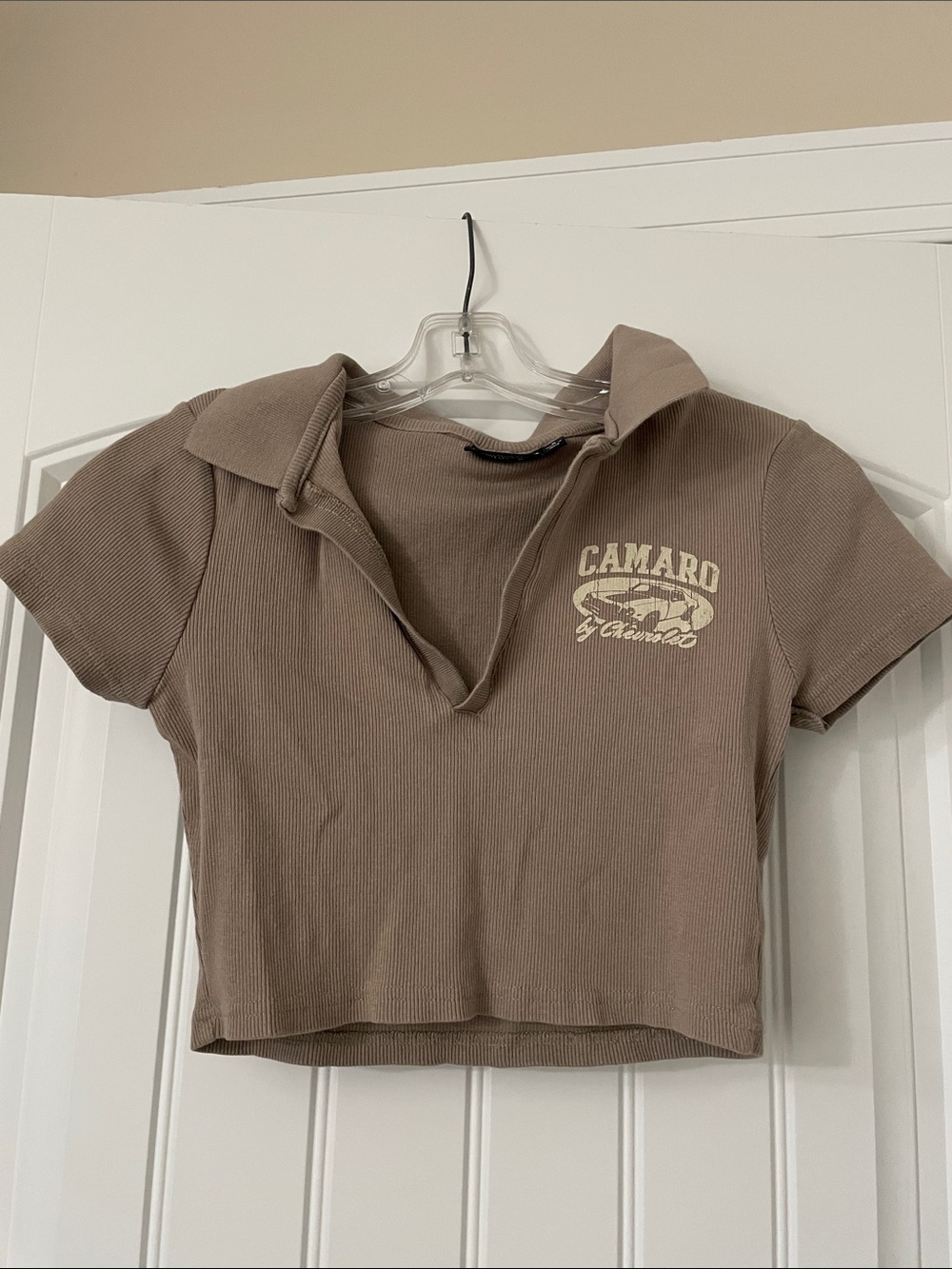 Chemistry Taupe Ribbed Cropped Polo Top with Graphic